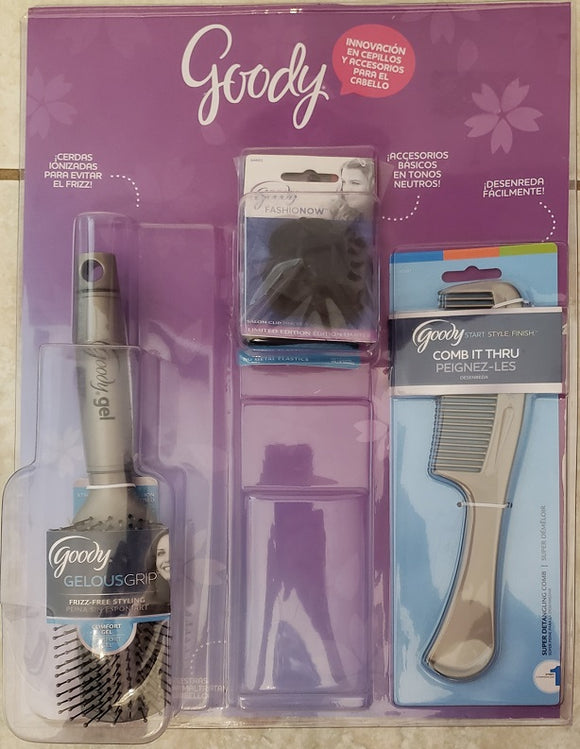 Goody Gray Comb, Gray Comfort Gel Hair Brush, and Hair Accessories Complete Set