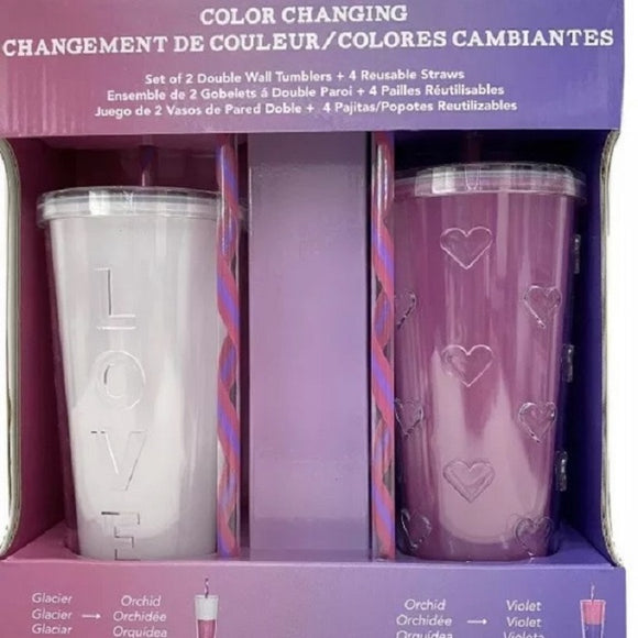 Parker Lane Color Changing Double Wall Straw Tumblers, Set of 2 Pink, 22 oz.