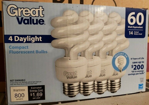 Great Value Daylight 60 Watt Compact Fluorescent Blub - Pack of 4